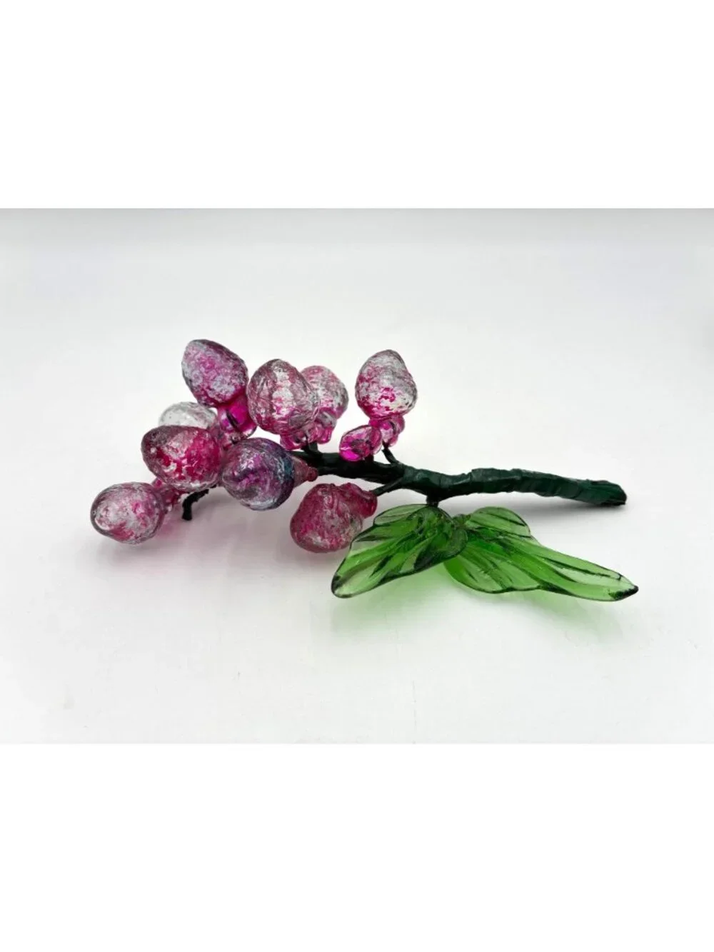 Vintage Handblown Glass Grape Cluster With Green Leaves Pink & Clear Decorative